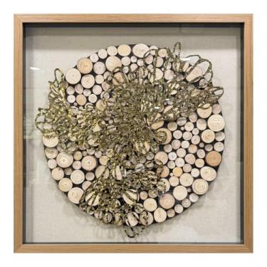 Imagem de BrightA Arte de parede de bloco de madeira texturizada 3D - Base de madeira montada à mão com detalhes em metal de videira dourada, vidro temperado e moldura de madeira maciça, decoração contemporânea