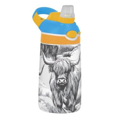 Imagem de Garrafa de água de 473 ml para crianças, reutilizável, 473 ml, garrafa de água de plástico Tritan com canudo portátil à prova de vazamento, alça de transporte, animal de esboço de gado das terras
