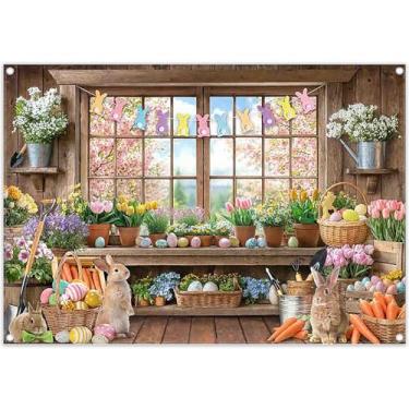 Imagem de YCUCUEI 2,1 x 1,5 m Primavera Páscoa pano de fundo janela de madeira jardim coelho floral tulipa cesta ovos coloridos fotografia fundo festival família decorações festa adereços foto
