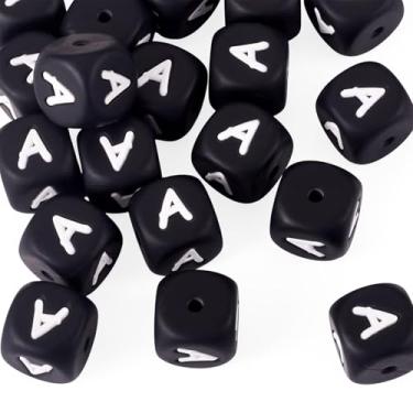 Imagem de 20 peças de contas focais de silicone de letra A para fabricação de chaveiros, cubo preto, contas de borracha para canetas, pulseira, joias, suprimentos para fazer joias, faça você mesmo, telefone