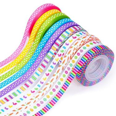 Imagem de Nydotd Fita de gorgorão de Páscoa com 10 rolos, 100 metros, 9,5 cm, coelhinho da primavera, ovos de cenoura, listra, arco-íris, bolinhas, coelho, fita de primavera para artesanato, costura, embrulho