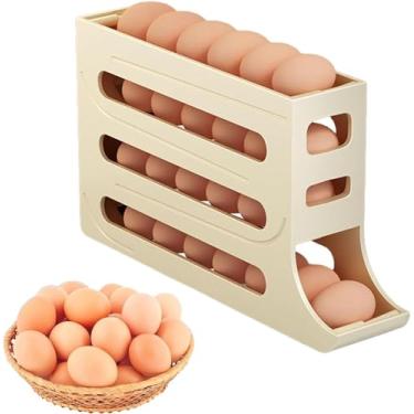 Imagem de Suporte de ovo de 4 camadas para geladeira suporte dispensador de ovos que economiza espaço, organizador com rolamento automático para ovos de geladeira com 30 ovos-THREE BROTHERS (Suporte Bege)