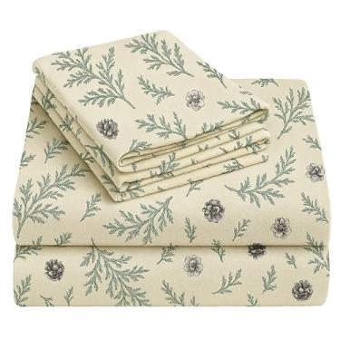 Imagem de California Design Den Jogo de lençóis de cama de flanela tamanho casal - Feito em Portugal 100% algodão, substancial, escovado, aveludado, macio, 4 peças, bolso extra profundo - tema floresta