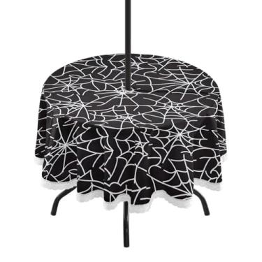Imagem de Wassud Toalha de mesa redonda para uso ao ar livre com orifício para guarda-chuva, teias de aranha abstratas, toalhas de mesa de 152 cm para aniversário, casa de fazenda, cozinha