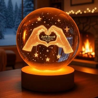 Imagem de SUBLIFY Lâmpada de bola de cristal gravada em 3D, bola de vidro de 7,9 cm com base de LED, luz decorativa de cristal de LED inspiradora para noite estrelada, presente de aniversário, presente de Natal