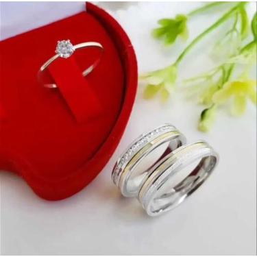 Imagem de Unidade aliança de prata 950 com fio de ouro 18k + anel solitário - Sh