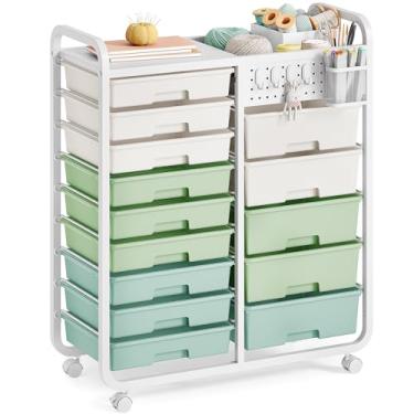 Imagem de SYKIARIOL Carrinho de rodinhas com 14 gavetas com mesa e quadro de suporte DIY, carrinho de armazenamento com rodas, organizador de sala de aula, carrinho utilitário para escritório, casa, escola