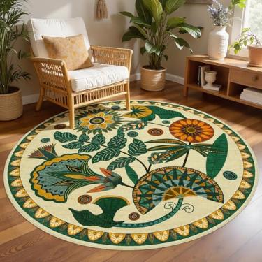 Imagem de Joydeco Tapetes redondos boêmios florais egípcios de 1,8 m, tapete circular lavável para quarto, sala de estar, sala de jogos, bege vintage, antiderrapante, circular para berçário, dormitório, sala de