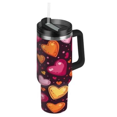 Imagem de ATTX Copo de coração de Dia dos Namorados de 1,134 g com alça, copo de aço inoxidável a vácuo de parede dupla com palha, caneca de café de viagem isolada #77