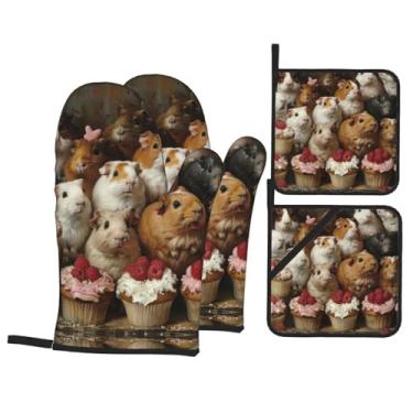 Imagem de Luvas de cozinha resistentes ao calor e suporte de panela com estampa de porquinhos-da-índia e cupcakes, luvas de forno confortáveis