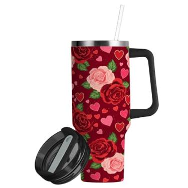 Imagem de ATTX Copo rosa de 850 g com alça, copo de aço inoxidável a vácuo de parede dupla com palha, caneca de café de viagem isolada #222