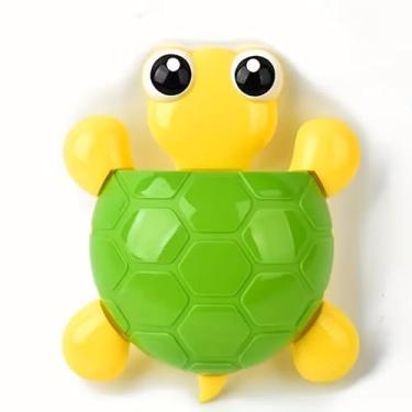 Imagem de Suporte de escova de dentes bonito com design de tartaruga, organizador de banheiro de plástico com ventosa - Rack de armazenamento de desenhos animados para escova de dentes e pasta de dente