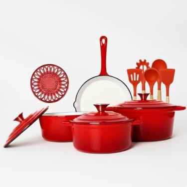 Imagem de Conjunto de Panelas de Ferro Fundido Esmaltado 10 Peças - Frigideira e Panelas Antiaderentes (Vermelho)