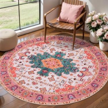 Imagem de Ciicool Boho Tapete redondo lavável para quarto de 1,2 x 1,2 m, antiderrapante, vintage, para entrada, tapete interno de pelo baixo para sala de estar