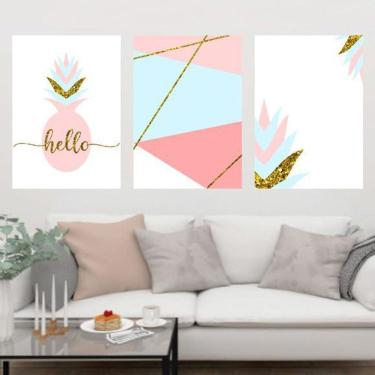 Imagem de Kit 3 Quadros Decorativos Abacaxi Rosa Azul Geométrico