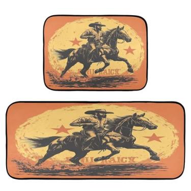 Imagem de xigua Conjunto de 2 peças de tapetes e tapetes de cozinha vintage caubói ocidental absorventes macios para chão tapete de cozinha antiderrapante conjunto de capacho de cozinha, 50 x 120 cm + 50 x 70