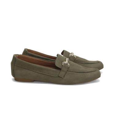 Imagem de Mocassim Clássico Suede Verde Army Fivela Ouro Light Salto 2cm