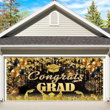 Imagem de Banner de porta de garagem de formatura 2,1 x 4,9 m Class Of 2025 Congrats Grad Backdrop Graduation Banner Decorações Parabéns Fundo de graduação Preto e Dourado Festa Formatura Cobertura de Porta de
