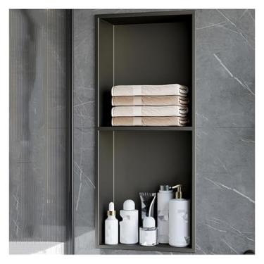 Imagem de Prateleira de nicho de chuveiro de aço inoxidável - Organizador de parede de banheiro impermeável, rack de armazenamento embutido para cozinha e sala de estar - 28 x 70 x 12 cm, cinza, design moderno