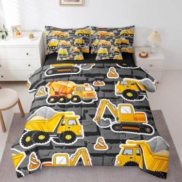 Imagem de Erosebridal Conjunto de edredom para meninos, escavadeira, cama queen size, tratores, 7 peças, equipamento de caminhão, para crianças, quarto, veículos de construção, cinza, amarelo
