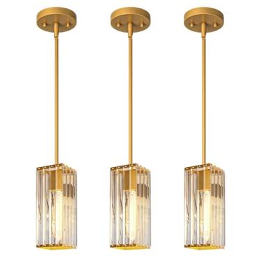 Imagem de GOOUQA Luzes pendentes de cristal para ilha da cozinha - lustre ajustável dourado de 25,4 cm, luminária suspensa E26 regulável, iluminação moderna para bar de jantar 3 peças