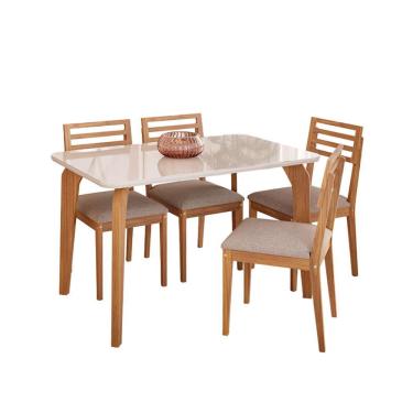 Imagem de Conjunto de Mesa Retangular com Tampo de Vidro Off White Papaia e 4 Cadeiras Juparanã Linho Bege e Cinamomo