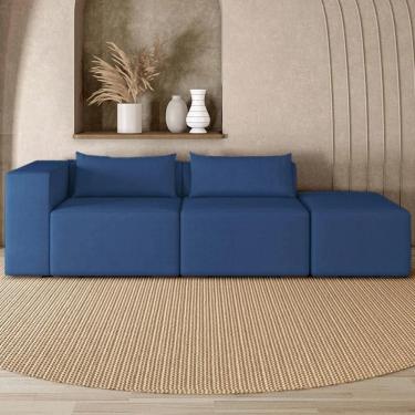 Imagem de Sofá 4 Lugares 303cm com Puff Direito Fay Veludo Azul Z55 - Mpozenato