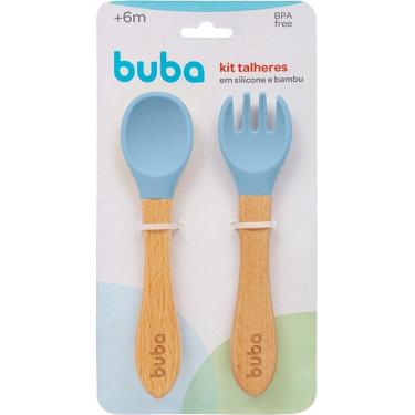 Imagem de Kit Talher de Silicone e Bambu Garfo Colher de Bebe Buba Azul