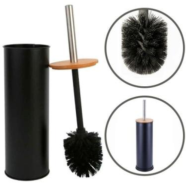 Imagem de Escova Sanitária Inox Preto Tampa Bambu Mimo Style com Suporte Banheir