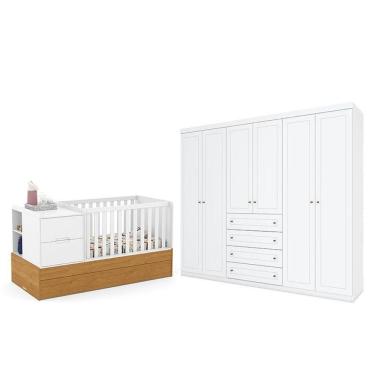 Imagem de Berço Americano Multifuncional Formare Branco Freijó - Matic e Guarda Roupa Casal Americano 6 Portas Branco HP - Henn