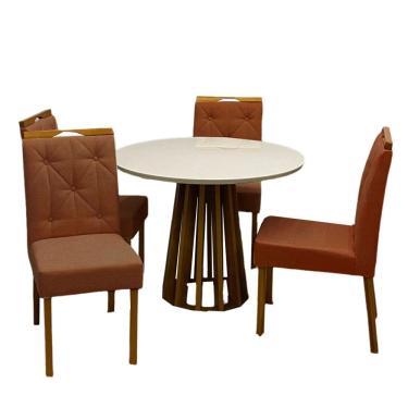Imagem de Mesa de Jantar Berlim 100cm Redonda com Vidro e 4 Cadeiras Jasmim em Veludo Estofadas Cel Móveis Cor Cinamomo Off White com Tecido Marrom