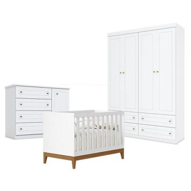 Imagem de Quarto de Bebê Americano 4 Portas com Berço Americano Flip Branco Acetinado Reller - Henn