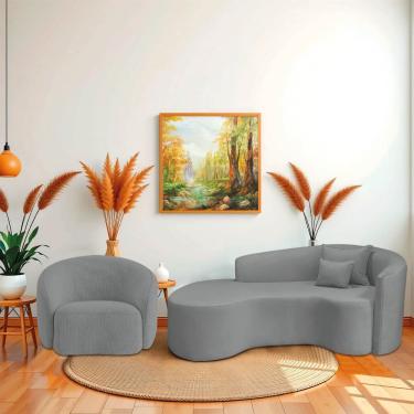 Imagem de Kit Recamier Curvo Sala De Estar Inglaterra 200cm Lado Esquerdo Poltrona Orgânica Luxo Amore Bouclé Cinza