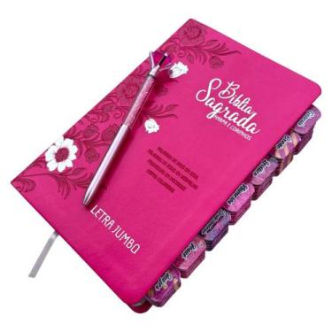 Imagem de Bíblia Sagrada Jumbo Feminina Floral Pink Full Color ARC com Harpa e A