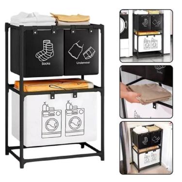 Imagem de Cesto Lavanderia Triplo Estante Metal Roupa Suja 2 Andares Roupeiro 3 Divisorias Organizador Banheiro Multiuso Armario D