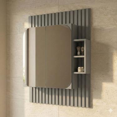 Imagem de Espelheira para Banheiro Ripada com Nichos 80cm Cimento