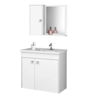 Imagem de Kit Banheiro Gabinete 56cm Pia E Armário Com Espelho Munique Branco - Bechara