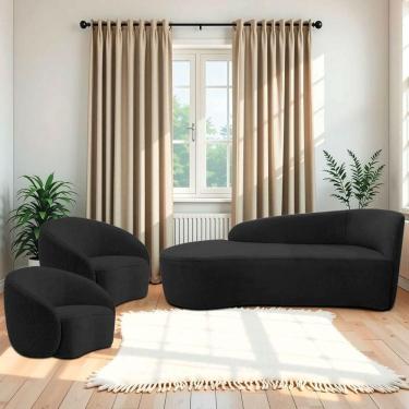 Imagem de Kit Divã Recamier Orgânico França 140cm Lado Esquerdo E 2 Poltronas Amore Linho Preto