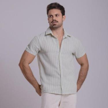 Imagem de Camisa de Linho Listrada Masculina Social Gola Italiana Visco-Linho Ma