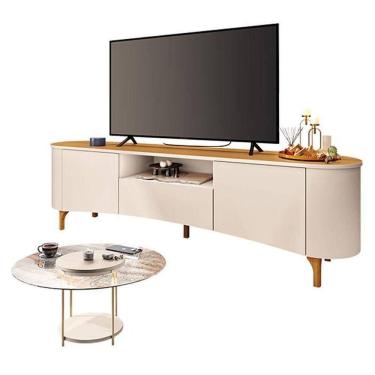 Imagem de Rack Bancada Elara Off White Cinamomo Com Mesa De Centro Sky Com Tampo De Vidro Off White - Hb Móveis