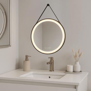 Imagem de Espelho Decorativo com Led Redondo 45cm Moldura com Alça para Quarto Amadeirado FWB