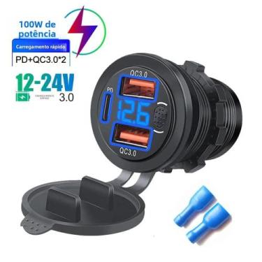 Imagem de Carregador USB Duplo QC3.0 Para Carro 12V 24V Com Voltímetro Digital E