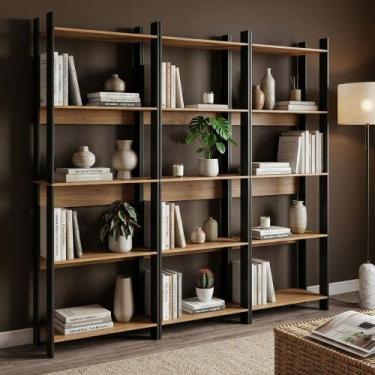 Imagem de Estante para Livros Nobre 15 Prateleiras Estilo Industrial Freijó/Blac
