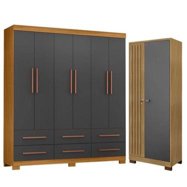 Imagem de Guarda Roupa Casal New Kansas e Armário Multiuso Versatile Carvalho Americano Grafite -...