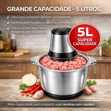 Imagem de Processador Triturador de Alimentos Elétrico 5L Inox Grande Moedor Carne Legumes e Temp...