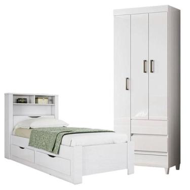 Imagem de Cama Solteiro com Gavetas Invicta com Guarda Roupa Fit 3 Portas Branco
