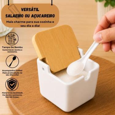 Imagem de Saleiro De Porcelana Com Colher Tampa Bambu 300ml Manhattan Porta Sal 