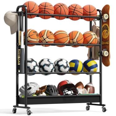 Imagem de Suporte para bolas de basquete Josmimic de 4 níveis ajustável com roda