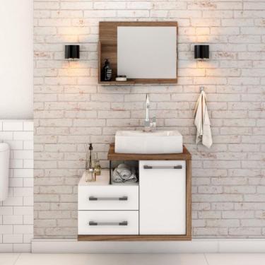 Imagem de Conjunto de Gabinete de Banheiro com Cuba Aria 41 e Espelheira Wood 1 PT 2 GV Branco e Nogal