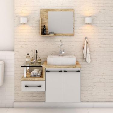Imagem de Conjunto de Gabinete de Banheiro com Cuba Aria 41 e Espelheira Wood 2 PT 1 GV Branco e Carvalho